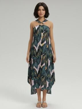 Anrabess Leaf Print Halter Midi Dress Size L